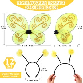 Yuxung 12 Set Bee Wings with Antenna Headband for Kids Halloween Costumes Accessories Bee Wings Yellow Bee Wings Dress up Cosplay Party Favors for Women and Kids