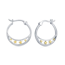 Cute Moon Star Earrings 925 Sterling Silver Plated Cubic Zirconia Sleeper Hoops Earrings for Women Teen Girls