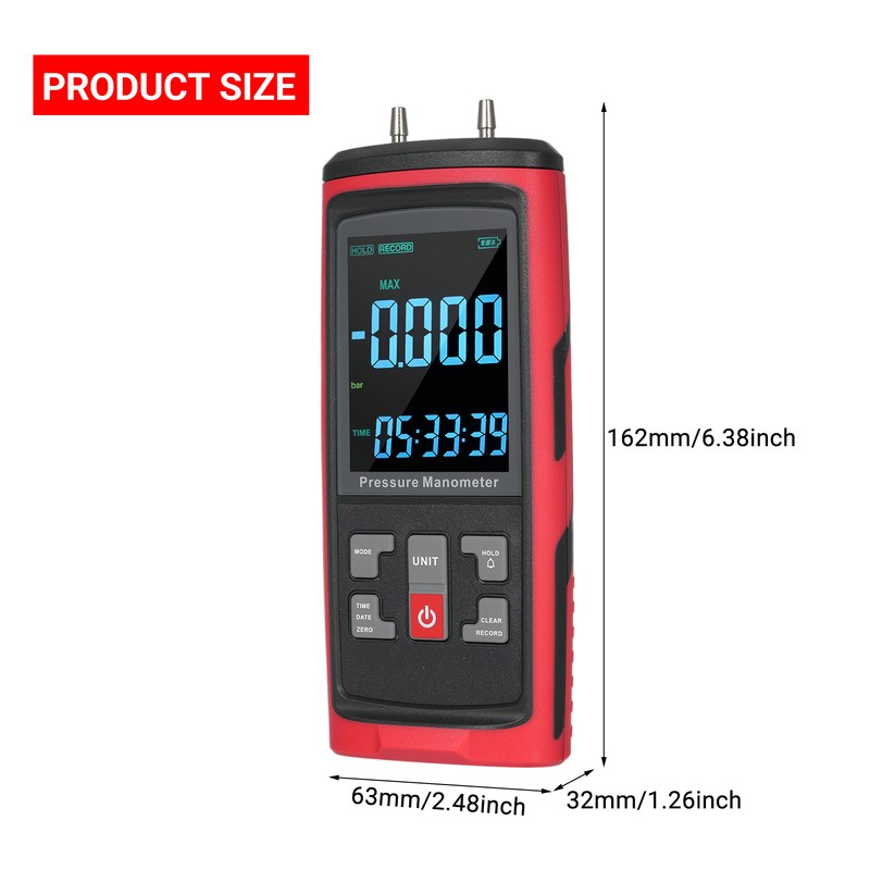 GT5101 Digital Manometer, Dual-Port Manometer Gas Pressure Tester, Handheld Professional
