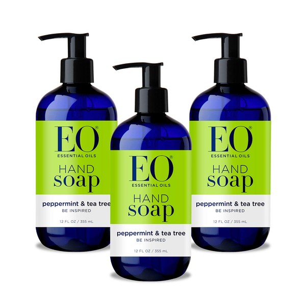 EO Liquid Hand Soap, 12 Ounce (Pack of 3), Peppermint and Tea Tree, Organic Plant-Based Gentle Cleanser with Pure Essential Oils
