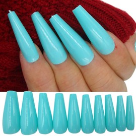 100pc Colored Long Coffin False Nails Press on Artificial Acrylic Tips Ballerina Shape Fake Nails Manicure Fingernail DIY Decor for Women Girls (Turquoise)