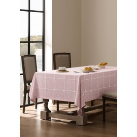 ZeeMart Grid Embroidered Hemmed Tablecloths, Pink 52x70 Inch, Farmhouse Style Heavy Weight Cotton Linen Pink Tablecloths, Boho Plaid Water Resistant Rectangle Table Cloth