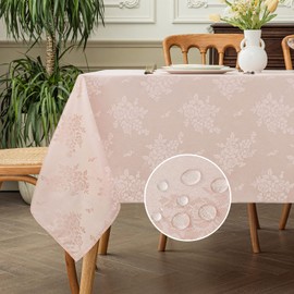Romanstile Jacquard Rectangle Tablecloth, Waterproof Elegant Damask Rose Floral Pattern Table Cloth, Washable Decorative Polyester Table Cover for Kitchen/Dining/Parties - Pink, 52 x 70 Inch