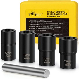 Topec 5PCS Lug Nut Extractor Set, 1/2-Inch Drive Wheel Lock Removal Kit, 17-22mm Stripped Lug Nut Remover, Easy Out Lug Nut Removal Tool, Twist Socket for Broken, Damaged, Rounded Bolts & Tire Nuts