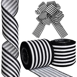 MuRealy Black and White Striped Ribbon, 2.5 Inch Black White Wired Ribbon 10 Yards 2 Rolls, Suitable for Christmas Tree Wreath Gift Box Wedding Christmas Decoration