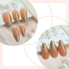 Glitter French Tip Press on Nails Almond Medium False Nails Stick on Nails Acrylic Reusable Almond Shaped Glue on Nails Summer Holiday Stick on Nails for Women Girls 24PCS