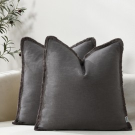 Set of 2 Decorative Linen Throw Pillow Covers Boho Farmhouse Cushion Cover with Fringe Accent Outdoors Pillowcase for Couch Bed Living Room Home Decor (Dark Gray, 18" x 18" (Pack of 2))
