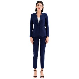 Marycrafts Women's Professional Stand Up Collar Blazer Pant Suits 2 Piece Set Business 10 Navy