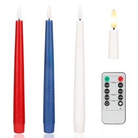 Patriotic Flameless Taper Candles With 3D Wick - 9.6" Real Wax Red White and Blue With Remote and Timer - 4th of July LED Battery Operated Fake Candles, 3 Pack