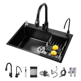 ARTLINE Black Kitchen Sink, Stainless Steel Single Bowl Sink, Drop In/Topmount Workstation Sink with Sliding Accessories, Farmhouse Workstation sink with Multiple Accessories (19.7 x 17.7in), RXZE031