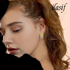 2 Unique Style Gold Hoops Earring and Silver Studs Earring Set for Women Chain Link Stud Drop Earrings 14K Gold and White Gold Plated Hypoallergenic Chunky Gold Earrings Hoops for Gifts Jewellery Special Design