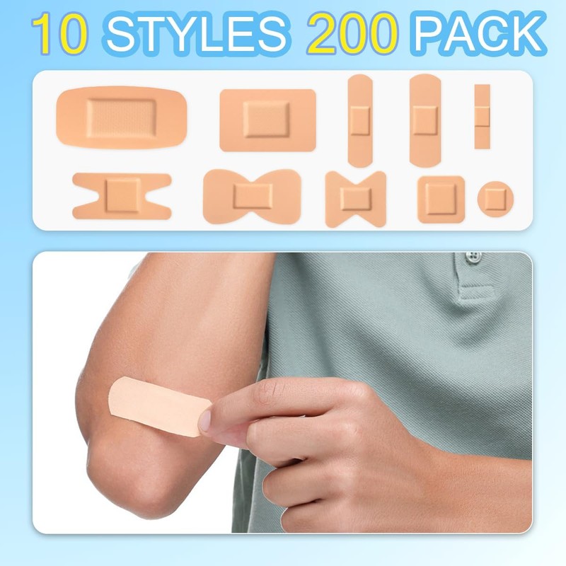 200 Pcs Bandages Variety Pack Assorted Sizes, Waterproof Adhesive Fingertip
