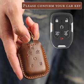 Rulansda for Chevy Key Fob Cover Compatible with Chevy Silverado 1500 2500 HD 3500 HD Suburban Tahoe Yukon Yukon XL GMC Terrain 6 Button Smart Leather Car Key Case Shell Chain Accessories/Brown