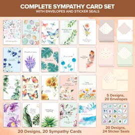 Decorably 20 Pack Foiled & Glittery Boxed Sympathy Cards with Envelopes & Stickers, Textured Sympathy Cards for Loss of Loved One Printed Message Inside, 5x7in Sympathy Card Packs with Envelopes