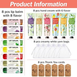 AZEN 8 juegos de regalos a granel, crema de manos y bálsamo labial a granel con bolsa de organza, tarjeta de agradecimiento, regalos de baby shower y 
