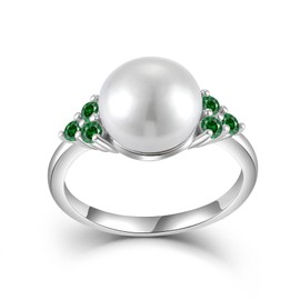CARICY 10 mm Cultured Fresh Water Pearl Ring & May Emerald Birthstone Ring 925 Sterling Silver Statement Ring for Women Size 6