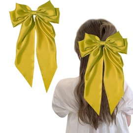 Hair Bow, Big Hair Bows for Women, Solid Color Bow Hair Clips with Long Ribbon, French Barrette Clip Soft Satin Silky Hair Bows Cute Gifts for Women Girls (Yellow)