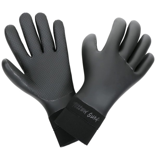 FELLOW Surf Gloves, 0.2 inches (4 mm), Surfing Skin, Waterproof, Cold Protection, Winter, Neoprene, Fleece-Lined, Thermal Wetsuit, Japanese Standard British Black, XXL Size
