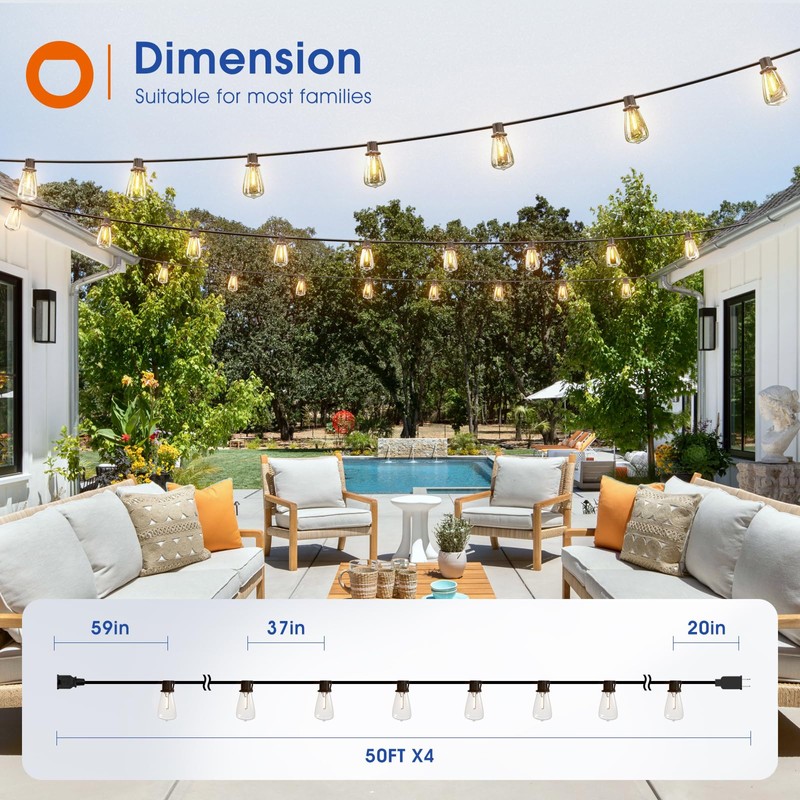 addlon 200FT(50FT*4) LED Outdoor Lights Waterproof Patio Lights with 64