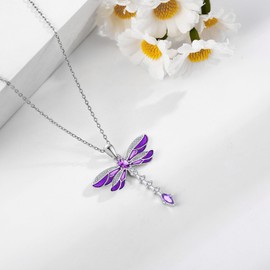 YAFEINI Dragonfly Necklace 925 Sterling Silver Blue/Pink/Yellow/Purple/Green Zircon Dragonfly Pendant Necklace Vintage Bohemian animal Jewelry Gifts for Women Dragonfly Lovers (Purple)