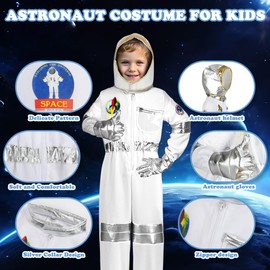 Aomig Kids Astronaut Costume, Unisex Astronaut Costume Cosplay Toys, Space Adventure Outfit with Astronaut Helmet Bag and Gloves, Spaceman Jumpsuit Fancy Dress for Girls or Boys World Book Day Gift