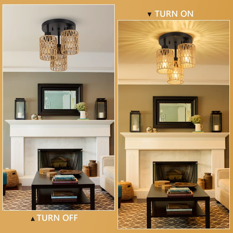 3-Lights Boho Light Fixtures Ceiling Mount, Farmhouse Rattan Chandelier, Hand