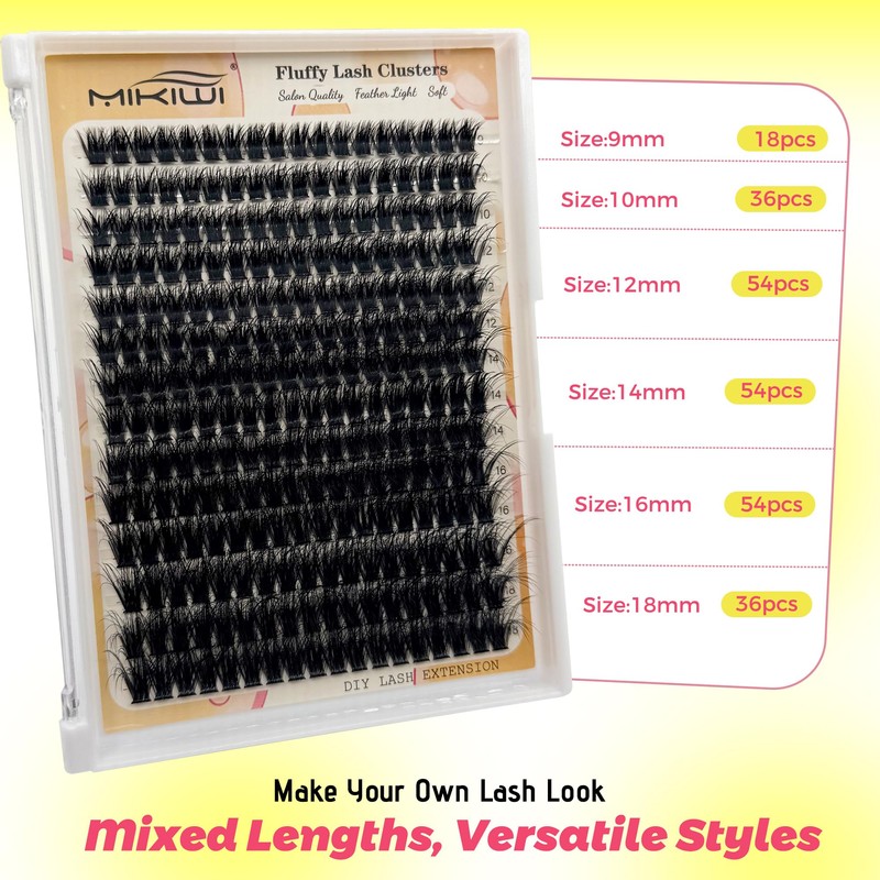 MIKIWI Lash Clusters 280pcs D Curly Individual Lashes, Wispy 3D