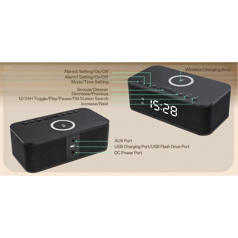Fansbe Bluetooth speaker, Wireless Charger, White Noise, Dual Alarm Clock,