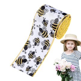 Wired Ribbon for Wreaths Bees - Bumble Bees Craft Wrapping Ribbon with Wired Edge | Polka Dot World Bee Day Fabric Favors, Bee Fabric Burlap Yellow Ribbon for Crafts, Sewing