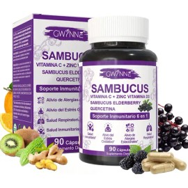 Gwynne Sambucus Suplemento Cápsulas Extracto Sauco 1000mg Vitamina Zinc Quercetina Soporte Inmunitario Alivio Alergias Salud Respiratoria