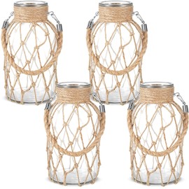 Set of 4 Rope Net Dry Flower Glass Vase 7.9 x 4 Inches Wicker Farmhouse Vase Coastal Decor for Home Rustic Hanging Mason Jar Rope Wrapping Decorative Bottles Nautical Coastal Farmhouse Vase