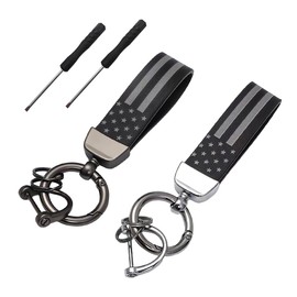 SHMZK 2 PCS American USA Flag Car Keychain, USA Flag Key Chain with Anti Lost D-Ring, 360° Rotatable Zinc Alloy Key Ring (Black & Silver+Black)