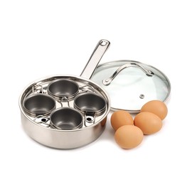 RSVP International Endurance® Egg Poacher Set for 4 Eggs | Glass Lid with Steam Vent | Perfectly Poached Eggs | Includes Non-Stick Poaching Insert | Dishwasher Safe