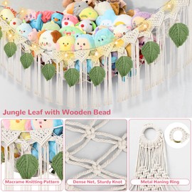 82.7x59x59 Inch Jumbo Stuffed Animal Storage Hammock Corner, Cream Macrame Green Leaf Hanging Stuffed Animal Net Organizer for Stuffy Plushie, Boho Toy Hammock Holder w/LED Light for Boy Girl Gift