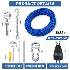 40FT Outdoor Clothesline Wire Rope System, Adjustable Steel Laundry Line with Pulley & Turnbuckle, Heavy Duty Clothes Line for Outdoor, Camping & Backyard Use (Blue)