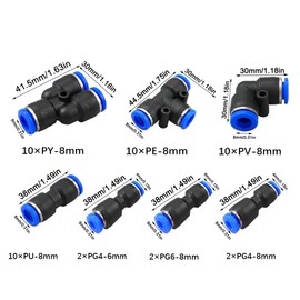 oupados 46 Pieces Air Push Quick Fittings Pneumatic Tube Connector Pneumatic Fittings Suitable for Nylon Tube Air Hose Quick Connection (10×PU-8, 10×PV-8, 10×PE-8, 10×PY-8, 2×PG6-4, 2×PG8-6, 2×PG8-4)