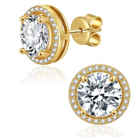 Moissanite Earrings for Women Men, 1ct-4ct D Color Moissanite Stud Earrings，925 Sterling Silver earrings, Safety Friction Back (Gold Plated Round, 3 Carat/Pair)