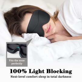 Eye Mask for Sleeping Light Blocking,Side Sleeper Women Men, 3D Contoured Cup Sleeping Mask, Soft Breathable Sleep Eye Mask with Adjustable Elastic Strap for Flight Nap，Black, with 2 Earplugs