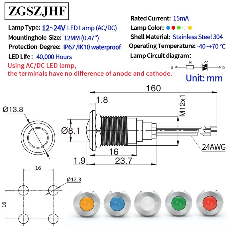 UL Listed Indicator Light 12mm 0.47" LED Lamp with 140mm