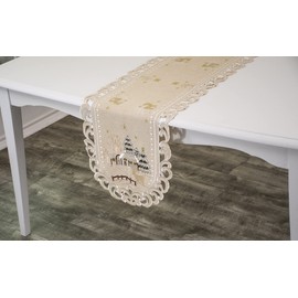 Embroidered Beige Christmas Winter Snow Scene Table Runner, Dresser Scarf (15Wx51L)