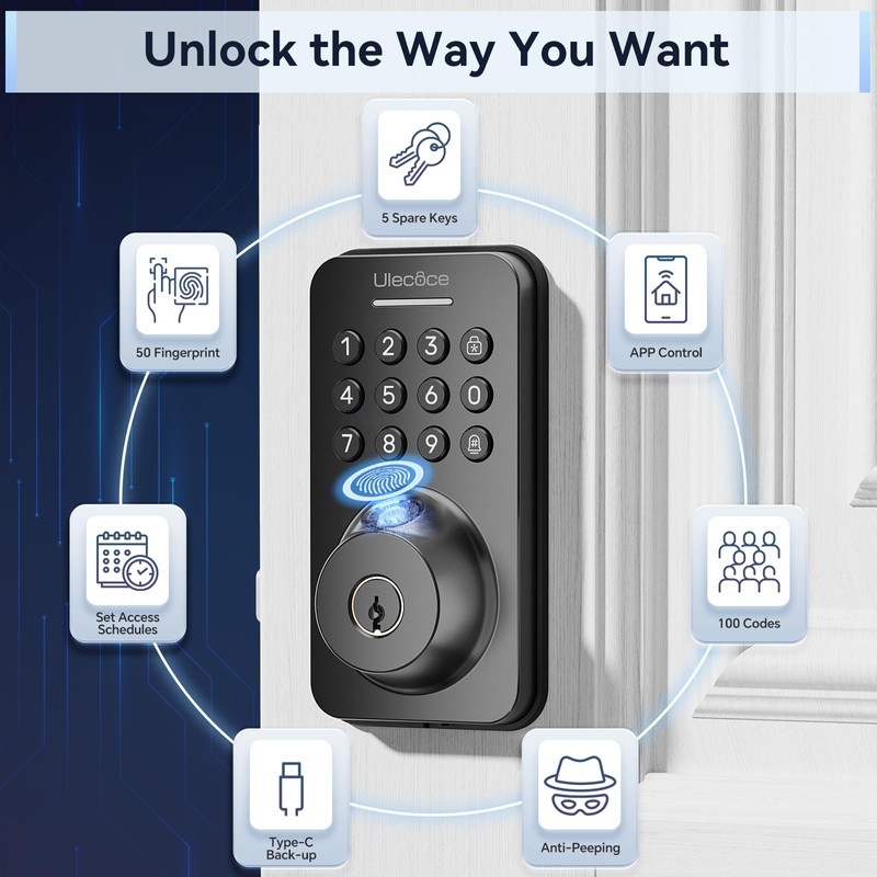 Ulecoce Fingerprint Keypad Deadbolt with Handle Set, Keyless Entry Door