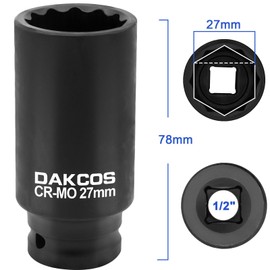 DAKCOS SW 27 mm Multi-Tooth Impact Wrench Nut Drive Shaft Tool Power Socket 12 Point 12.5 mm (1/2 Inch) CR-MO