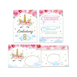 Minkocards 12 Invitation Cards for 8th Children's Birthday Girls Unicorn Invitation Eighth Girls' Birthday Includes 12 Envelopes, 12 Party Bags / Pink, 12 Stickers, 12 Bookmarks