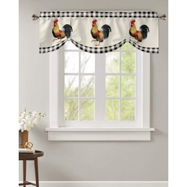 Tie Up Valances for Windows, Farm Rooster Kitchen Curtains Valance Window Shade, Farmhouse Animals Rustic Black White Plaid Rod Pocket Window Treatment Tiers Curtains for Living Room/Bedroom 60"x18"