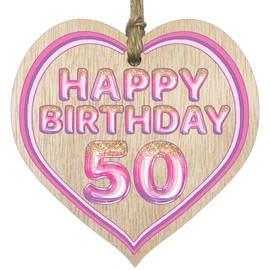 Stuff4 Fun 50th Birthday Gift For Men Woman Wooden Heart Plaques - Glitter Age 50 - Light Wood Sign Keepsake, Happy Birthday Plaque for Dad Mum Grandad Nanny Grandma Uncle Auntie Cousin Friend