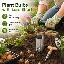 Garden Bulb Planter for Seeding & Transplanting – Metal Hole Punch Tool with Wooden T-Handle for Flowers & Seedlings