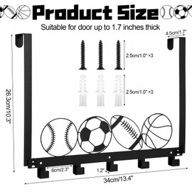 Ripeng Sports Ball Over the Door Hook Rack, Metal Basketball Football Baseball Soccer Wall Mounted Hanger for Bathroom Entryway Playroom, No Drill, Holds 45 Lbs, 16.3x10.3 Inch