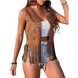 Women Hippie Waistcoat Vest Solid Color Open Front Sleeveless Lightweight Tassel Cardigan Jacket Tops Streetwear Outerwear (Brown C, XXL)