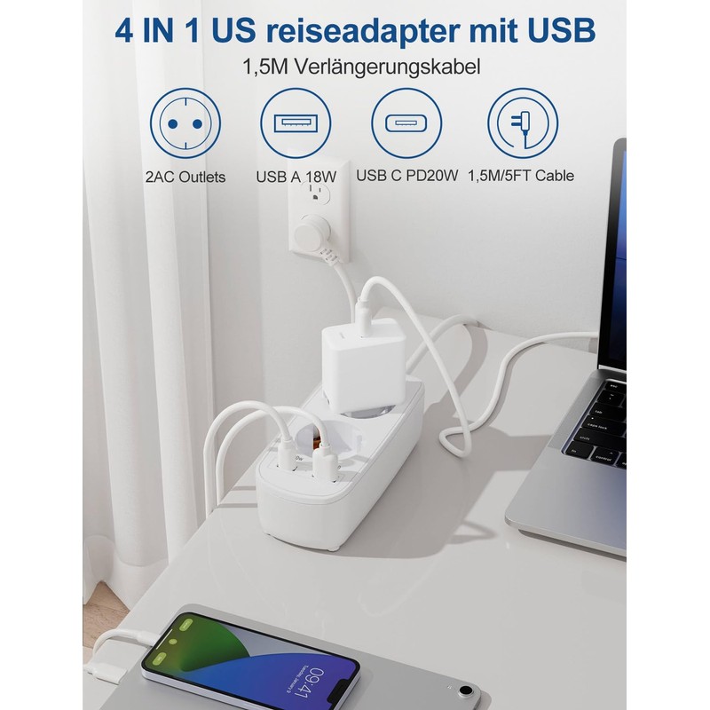 USA Adapter Socket, Travel Adapter with PD20W USB Quick Charge,