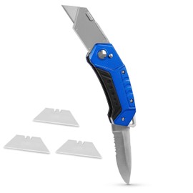 BirdRock Home Premium Folding Utility Knife with Sport Blade – Small Compact Pocket – Folding Box Cutter Tool – 3 Extra Razor Blades – Cut Cardboard Boxes – Locking Safety Knife Set – Heavy Duty